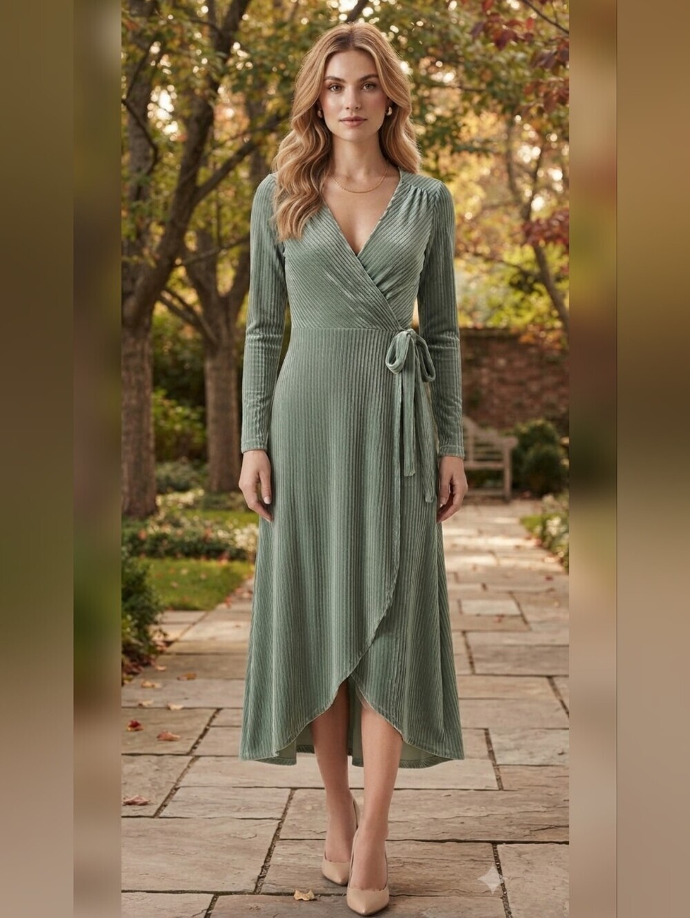 Baltic Born Sage Green Velvet Wrap Dress with Tie Waist
